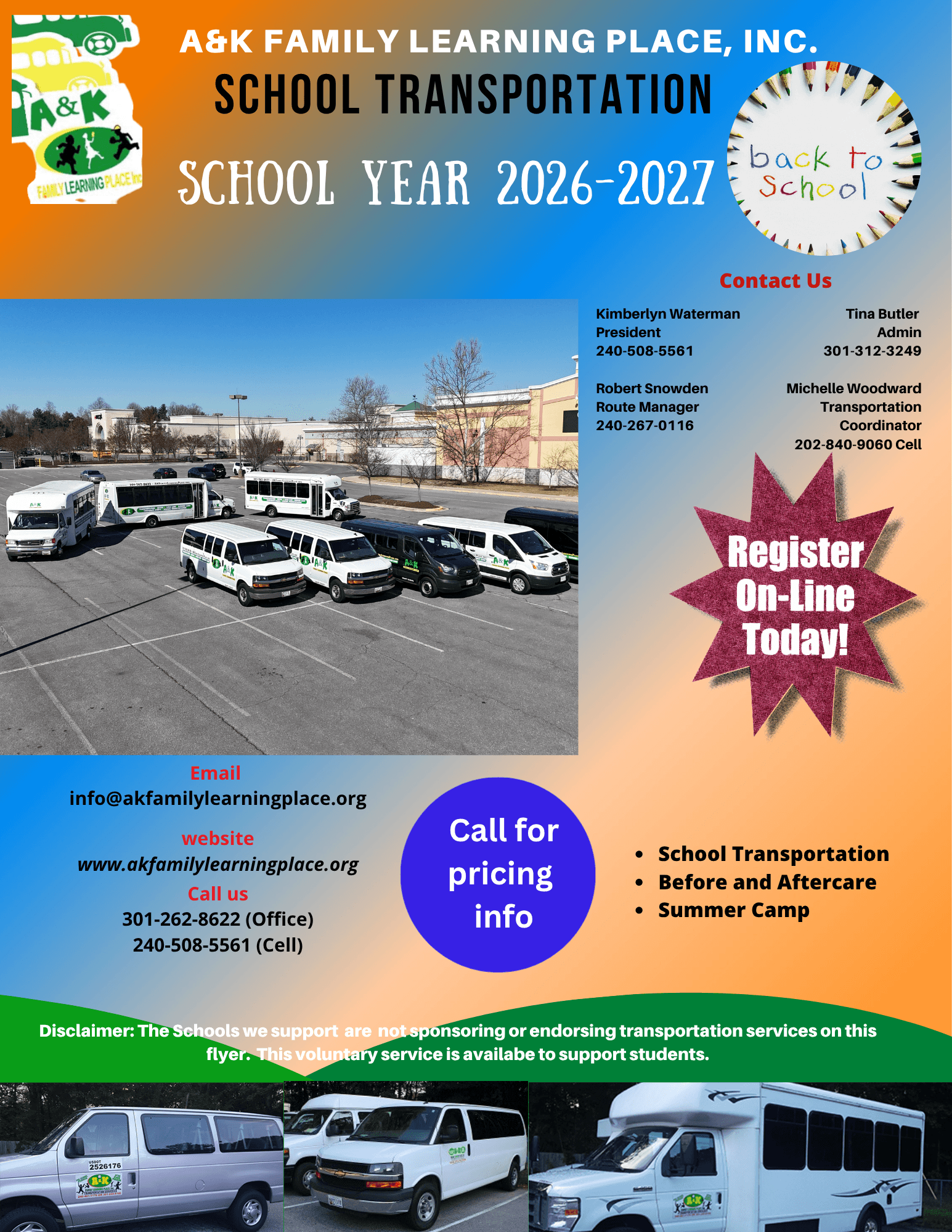 A&K transportation services flyer — routes, licensing, and contact details